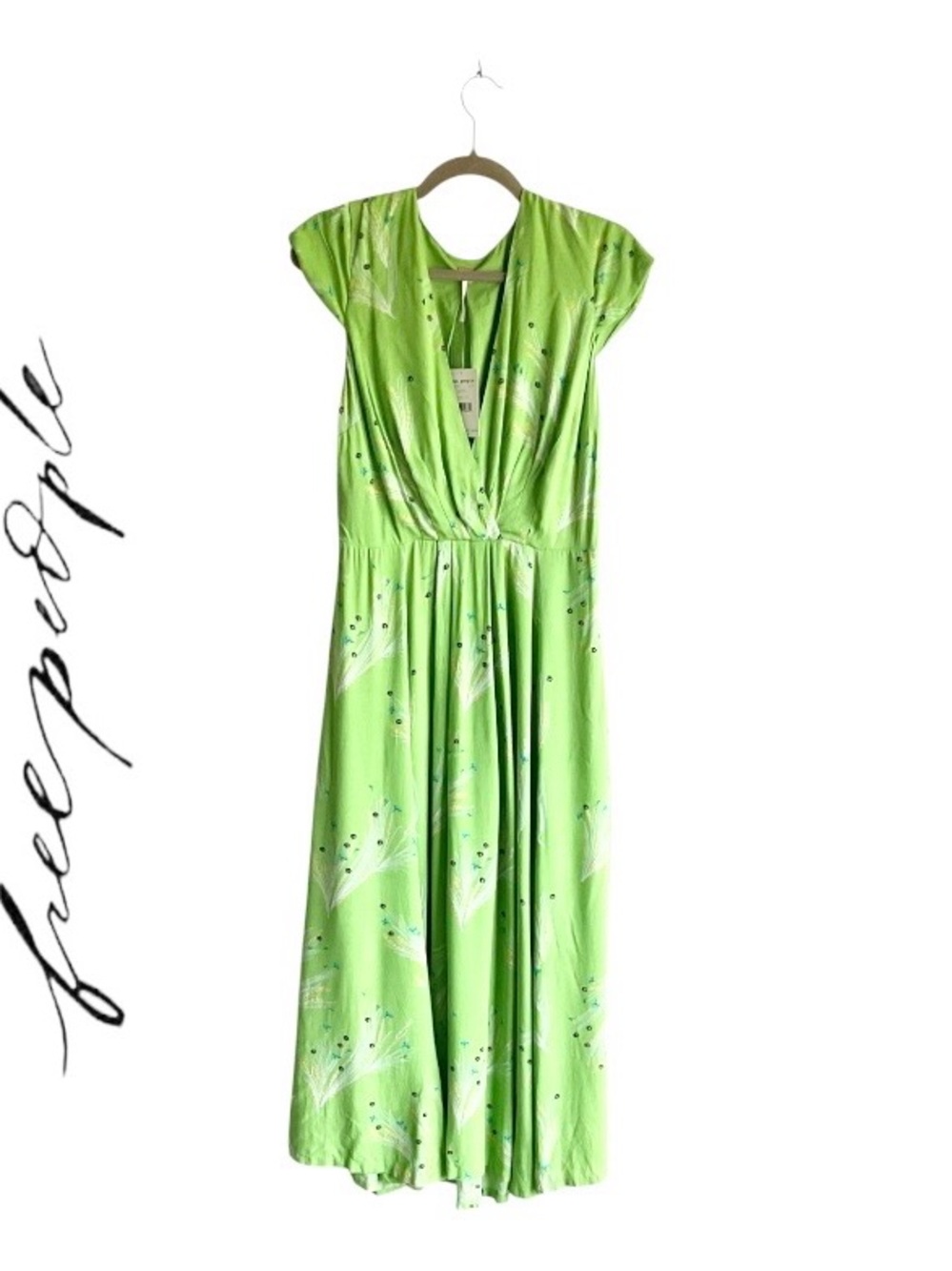 Free People Retro Floral Green V-neck Midi Dress Size 12 NWT - Picture 2 of 14